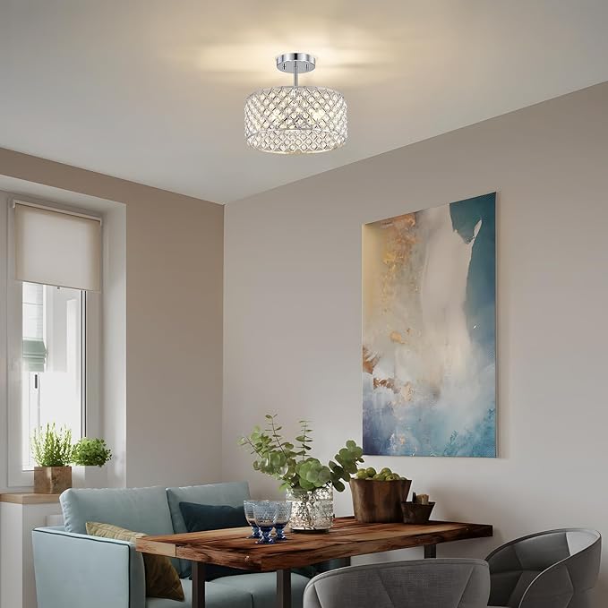 Chrome Crystal Ceiling Light Fixture,Modern Semi Flush Mount Ceiling Lighting Fixture,Round Small Chandelier for Dining Room, Hallway, Entryway, Kitchen, Bedroom,Foyer,3 Light,12 inch