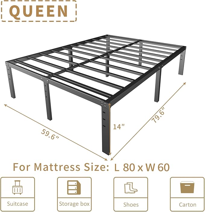14 Inch Metal Bed Frame Queen Size No Box Spring Needed - Easy Assembly Heavy Duty Noise Free Narrow Bedframes - Double Black Basic Steel Slats Platform with Storage