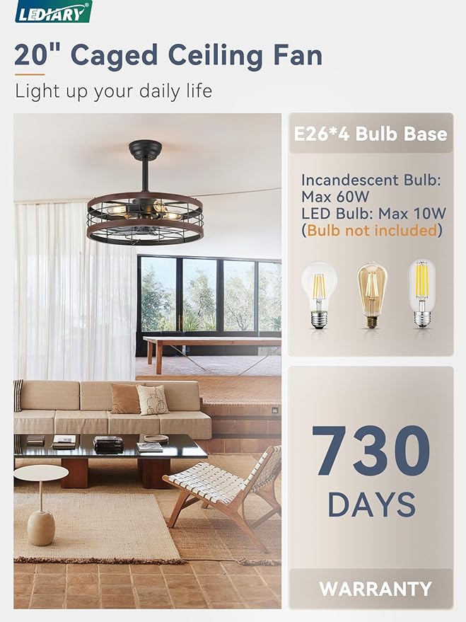 LEDIARY 20 inch Fandelier Caged Ceiling Fan with Light, Bladeless Ceiling Fan with Remote, Farmhouse Fan Lights Ceiling Fixtures for Kitchen, Bedroom, Outdoor(6 Speed, Timing) - Walnut