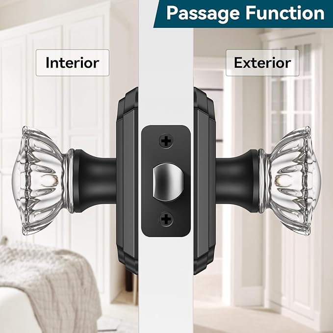 Glass Door Knobs, Black Crystal Door Knobs, Passage Glass Crystal Door Knobs Interior for Hall and Closet, Crystal Glass Door Knob Vintage, Matte Black