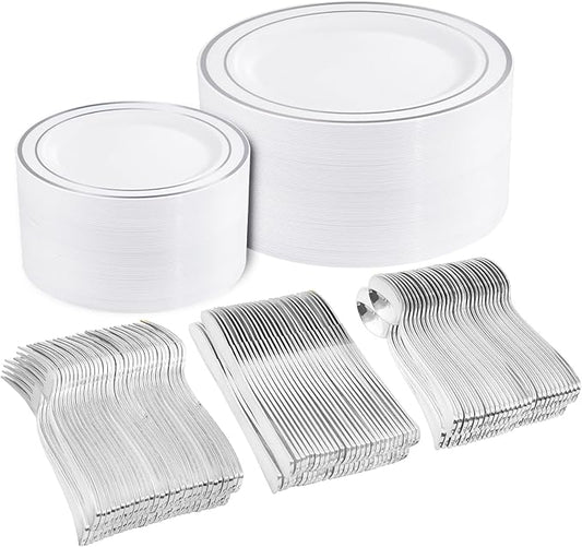 DaYammi 150pcs Silver Plastic Dinnerware Sets, Includes: 30 Silver Rim Dinner Plates, 30 Salad Plates, 30 Plastic Silverware Set, Perfect Fancy Disposable Plates for Party Wedding