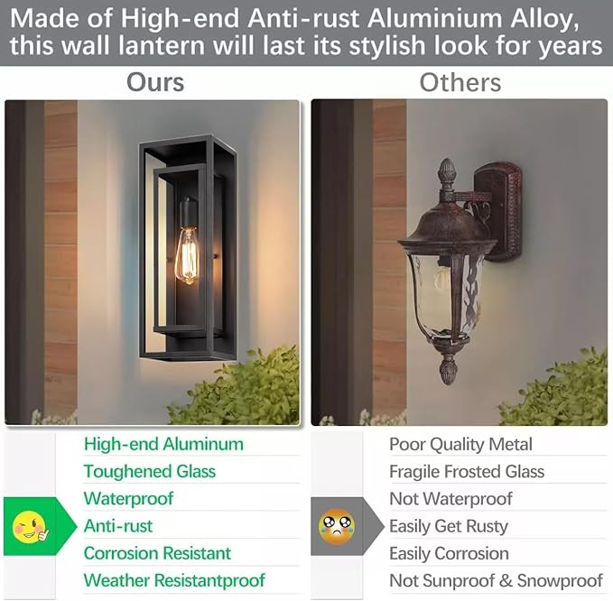 1 Pack 18 inches Outdoor Wall Lantern Light Fixture, Large Black Exterior Waterproof Wall Sconce, Anti-Rust Mount Porch Light with Clear Glass,E26 Socket