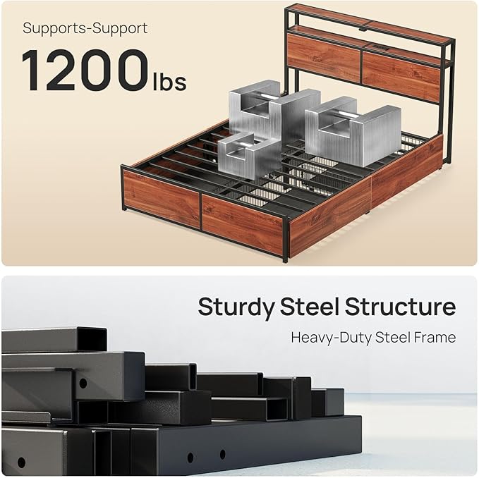Rolanstar Full Size Bed Frame with 4 Storage Drawers, Charging Station and LED Lights, Metal Platform Bed with 2-Tier Storage Headboard, No Box Spring Needed, Easy Assembly, Noise-Free, Walnut