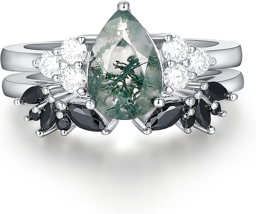 Black Gold Plated Natural Moss Agate Bridal Wedding Ring Sets for Women, 925 Sterling Silver Gothic Vintage Promise Rings and Eternity Black Spinel Band for Her - Boho Art Deco Platinum Plated Engagement Rings Size 4-9