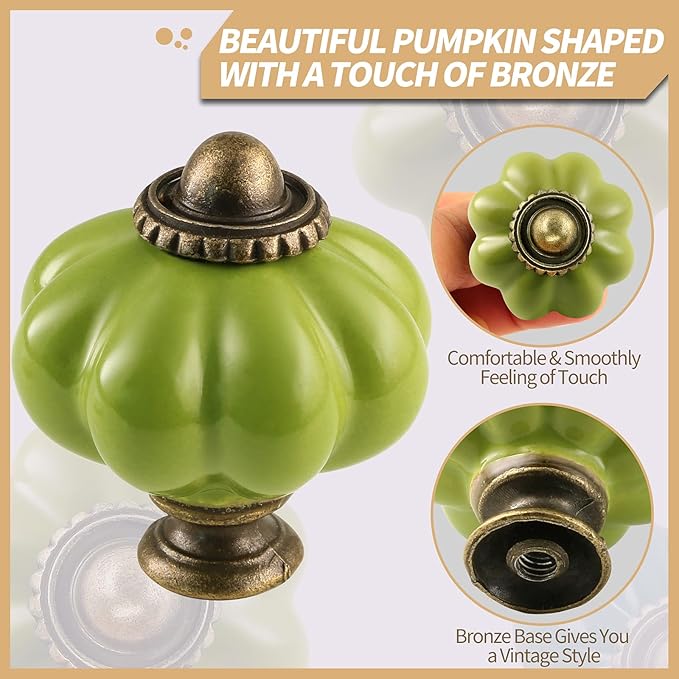 Sage Green Pumpkin Knobs 2 Pack Ceramic Cabinet Knobs Vintage Drawer Pulls - Antique Dresser Pulls with Screws for Closet Drawer Cupboard Cabinet and DIY Home Project