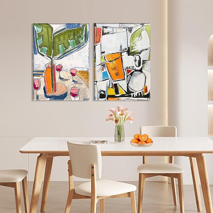 Framed 2pcs Abstract White Green Wall Art Geometric Print Colorful Dining Room Canvas Painting Modern Mexican Style Picture Living Room Kitchen Dining Room Cafe Decor Ready to Hang 16X24inch