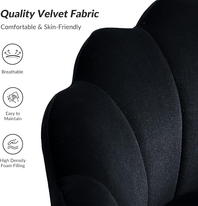 HULALA HOME Modern Velvet Accent Chair with Shell Shaped Back, Cute Living Room Bedroom Armchair with Gold Legs, Comfy Upholstered Vanity Chair for Makeup Room, Black