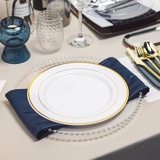 N9R 100PCS Gold Plastic Plates, 10.25 inch White Disposable Dinner Plate with Gold Rim, Heavy Duty Plates for Party Wedding and Birthday