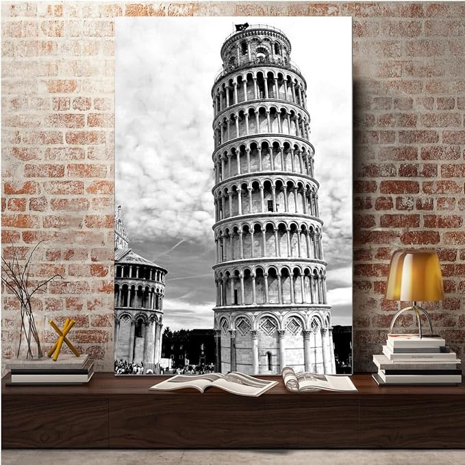 Black and White Building Wall Art, European Famous Architecture Leaning Tower of Pisa Canvas Pictures Paintings Giclee Printing Aesthetic Room for Bedroom Living Room Wall Decor Unframed 16x24in