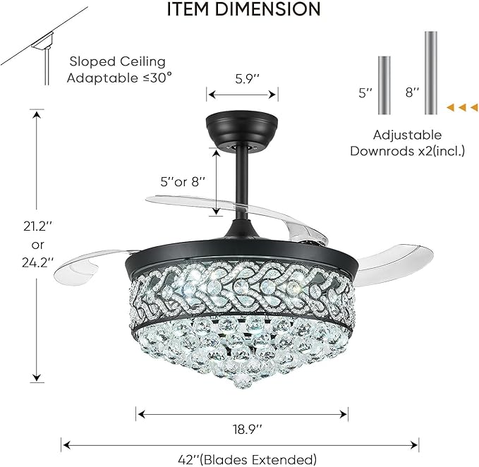 Crystal Fandelier Ceiling Fan with Light, 42" Retractable Ceiling Fans Chandelier Fan with Retractable Blades LED Dimmable Crystal Ceiling Fan Chandelier Fans for Bedroom Living Room etc-Black