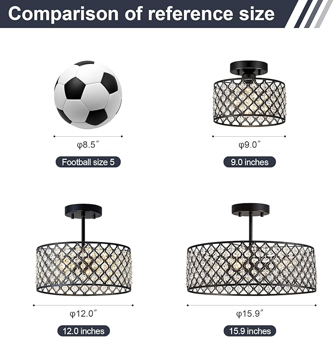 Black Crystal Ceiling Light Fixture,Modern Semi Flush Mount Ceiling Lighting Fixture,Round Small Chandelier for Dining Room, Hallway, Entryway, Kitchen, Bedroom,Foyer,4 Light,15.7 inch