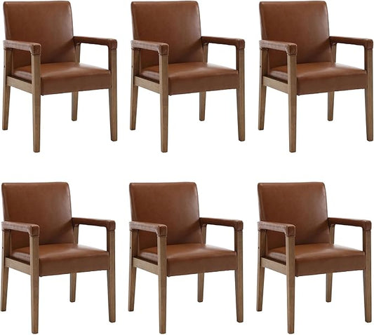 Mid Century Modern Dining Chairs Set of 6 Faux Leather Upholstered Accent Chairs Comfy Kitchen Chairs with Solid Wood Frame Armchair for Living Room, Brown