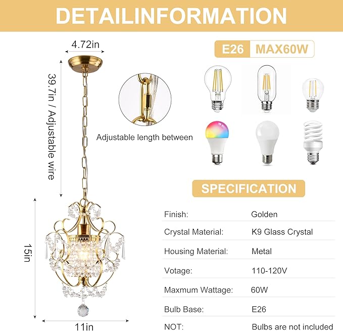 Modern Gold Mini Chandelier, Crystal Light Fixtures Ceiling Mount 1 Light Small Crystal Chandeliers for Bedroom Elegant Crystal Pendant Lighting for Girls Room Dining Room Closet Kitchen Island