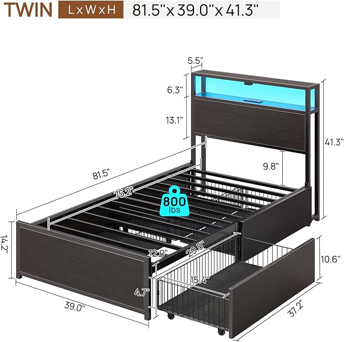 Rolanstar Twin Bed Frame with 4 Storage Drawers, Charging Station and LED Lights, Metal Platform Bed with 2-Tier Storage Headboard, No Box Spring Needed, Easy Assembly, Noise-Free, Black
