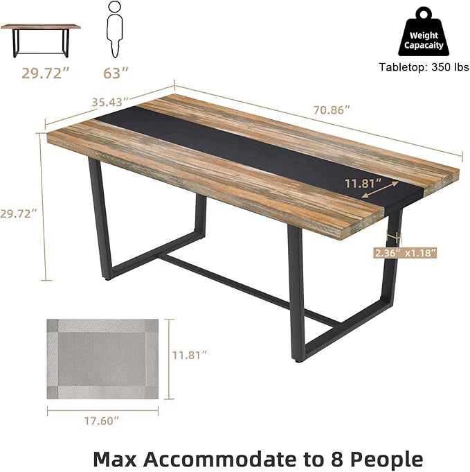 STHOUYN 71" 6ft Large Dinner Table for 6 8 Seat Dining Room Table, Rectangular Farmhouse Modern Kitchen Long Black & Brown Industrial Conference (Brown)