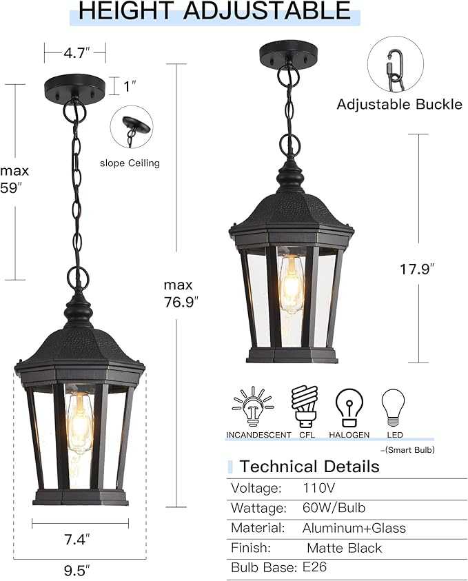 Large Outdoor Pendant Light Fixtures, 17.9" H Black Exterior Hanging Lantern Lights, Height Adjustable Outside Chandeliers with Clear Glass for Porch, Farmhouse, House