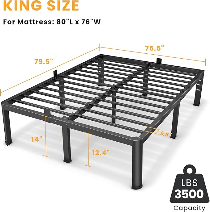 14 Inch King Bed Frame, Metal Platform Bed Frame with Round Corner Legs, 3500 lbs Heavy Duty Steel Slats Support, No Box Spring Needed, Noise Free, Easy Assembly, Black