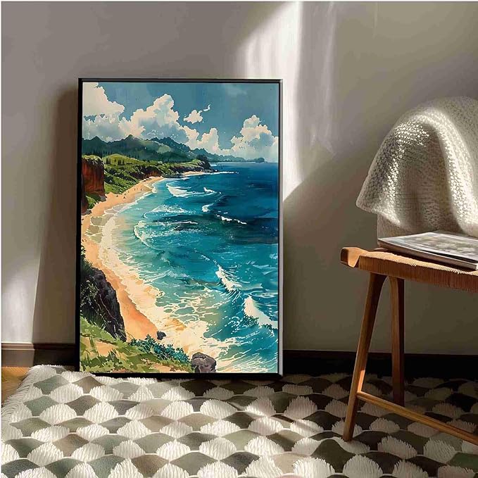 Framed Canva Prints Maui Watercolor Painting Hawaii Wall Art Maui Poster Home Décor Art Lovers Gift Watercolor Print Wall Hanging 12x18in-Black-Metal-Framed