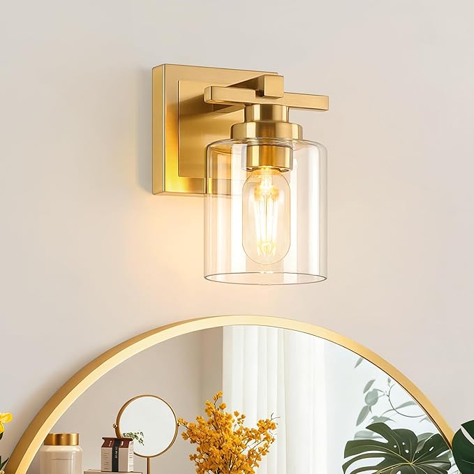 1 Light Modern Bathroom Light Fixtures Over Mirror, Brass Finish Vanity Lights for Bathroom Wall Sconces with Clear Glass Shades, E26 Socket (Bulbs Not Included)