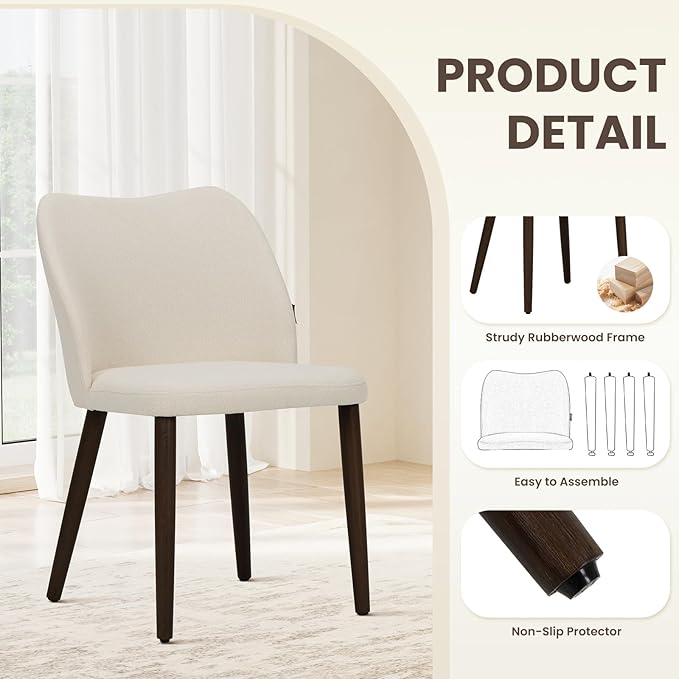 Wooden Dining Chairs Set of 4, Upholstered Kitchen Dining Room Chair, Modern Fabric Farmhouse Dinner Chair for Restaurant & Cafe, Beige