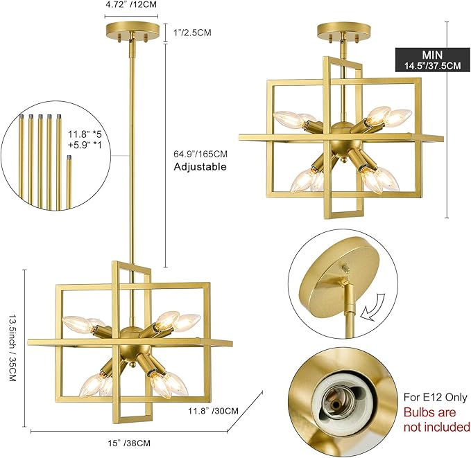 Modern Small Square Gold Chandelier, 8-Light Farmhouse Geometric Pendant Lighting Fixtures, Industrial Lantern Hanging Chandelier for Kitchen Dining Room Foyer Entryway