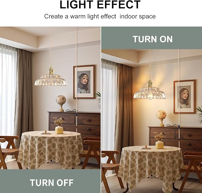 1-Light Plug in Pendant Light with Lotus Amber Shade, Brass Pendant Lighting, Industrial Ceiling Hanging Light, for Kitchen Island Entryway Dining Room Hallway, E26 Socket (Bulbs Not Included)