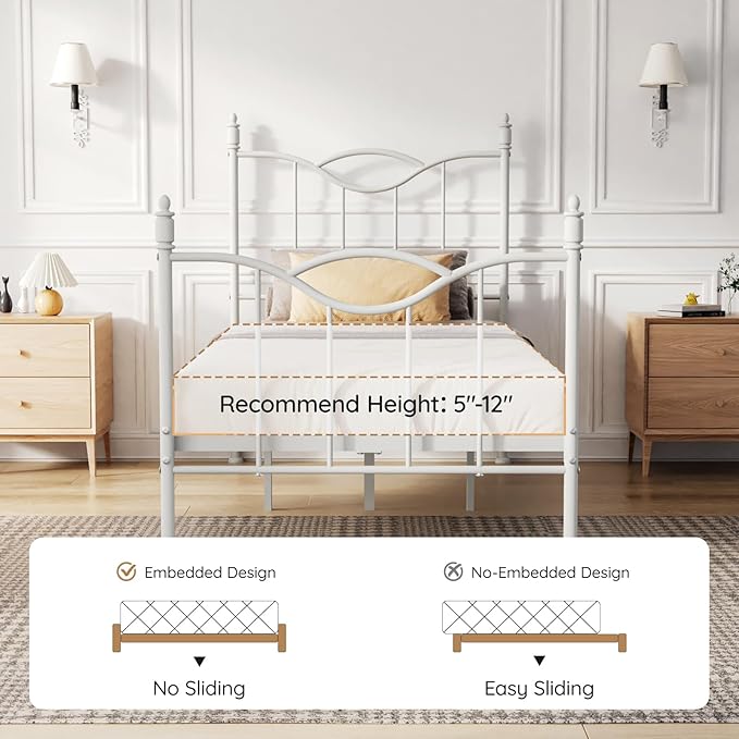 Twin Size Bed Frame with Headboard,14 Inch Tall Metal Platform Bed Frame Mattress Foundation with Footboard, Under Bed Storage, Strong Metal Slats Support, No Box Spring Needed, White