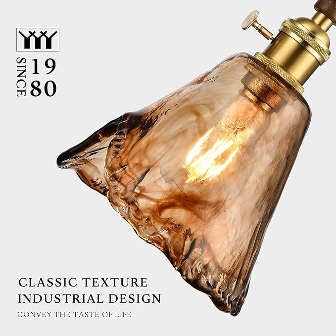 Modern Amber Glass Pendant Light, 6"x11.5" Floral Bell-Shaped Hanging Light with Wood Handle & Brass Cap, 15"-72" Adjustable Line, E26 Socket – Golden Amber Morning Glory