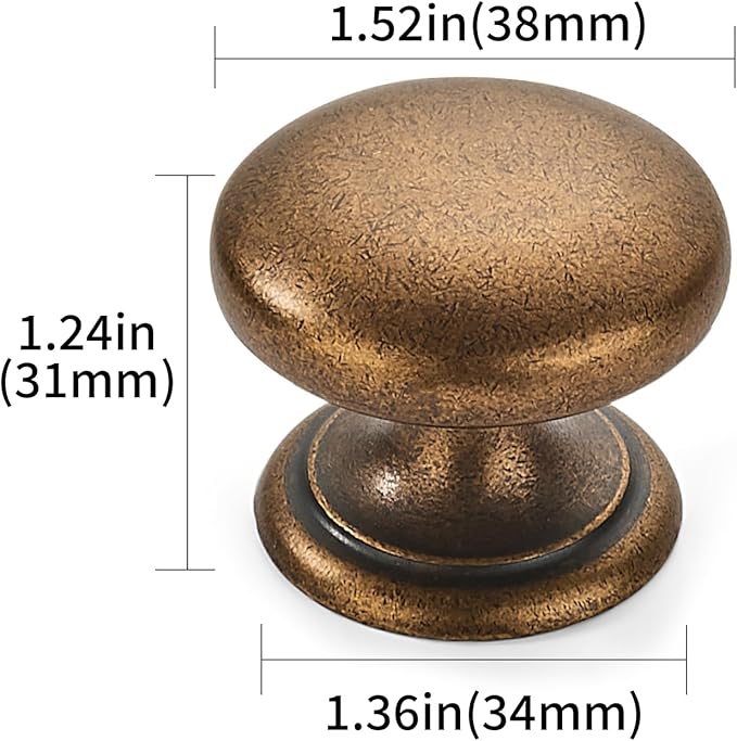 khtumeware 2 Pack 1-1/2 inch Bifold Closet Door Knobs Antique Brass Cabinet Knobs Made of Zinc Alloy Suitable for Kitchen Cabinets/Bathroom Cabinets/Bedroom Furniture Includes Installation Screws