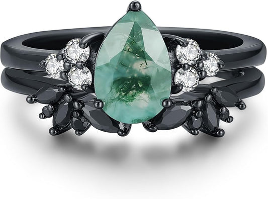 Black Gold Plated Natural Moss Agate Bridal Wedding Ring Sets for Women, 925 Sterling Silver Gothic Vintage Promise Rings and Eternity Black Spinel Band for Her - Boho Art Deco Platinum Plated Engagement Rings Size 4-9