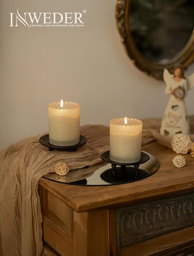 Cast Iron Pillar Candle Holder: 4.6 in Black Pillar Candle Plate Pedestal Stand Vintage Decorative Tray for 3 Wick Jar Candles Tealight Votive for Table Home Halloween Set of 2