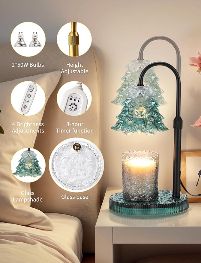 Candle Warmer Lamp with Timer & Dimmer, Crown Glass Lamp Candle Warmer for Jar Candles, 2 Bulbs, Height Adjustable Electric Wax Warmer for Elegant Home Decor (Emerald Pine)