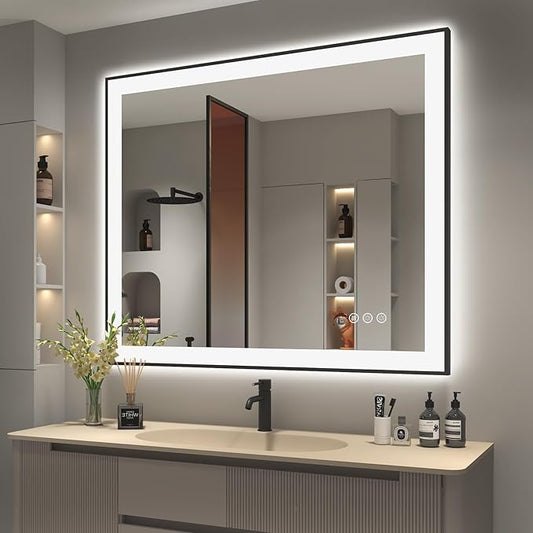 SMIROR 40x36 Vanity Mirror with Lights, Matte Black Framed LED Lighted Bathroom Mirrors for Wall, Front and Backlit, Dimmable, Anti-Fog, Memory, Shatterproof, ETL Listed (Horizontal/Vertical)