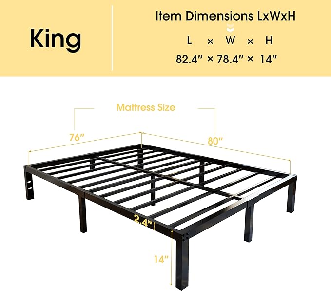 45MinST 3600lbs Heavy Duty Bed Frame,14 Inch Sturdy Steel Slat Mattress Foundation, Metal Reinforced Platform Box Spring Replacement, Easy Assembly with Quick Lock, King