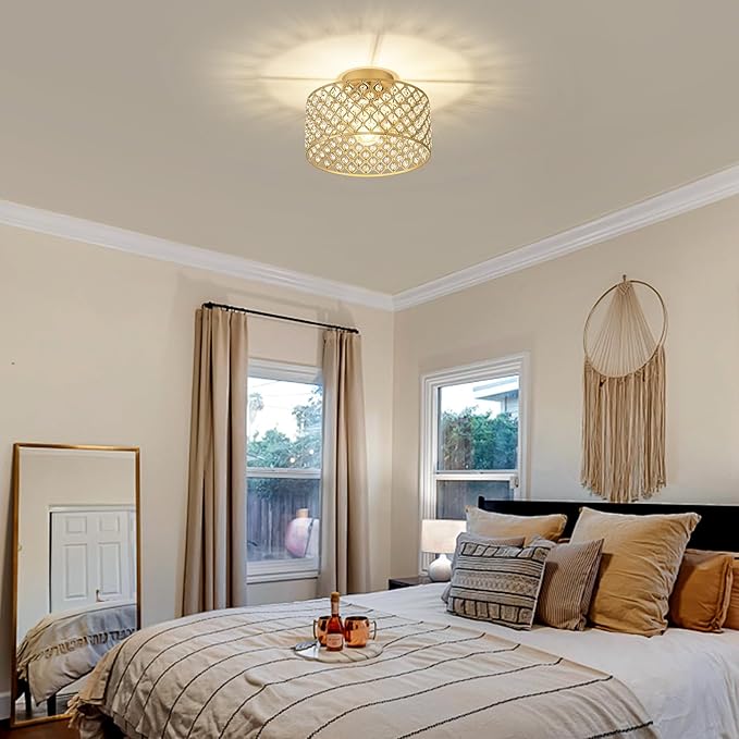 Gold Crystal Ceiling Light Fixture,Modern Semi Flush Mount Ceiling Lighting Fixture,Round Small Chandelier for Dining Room, Hallway, Entryway, Kitchen, Bedroom,Foyer,1 Light,11.2 inch
