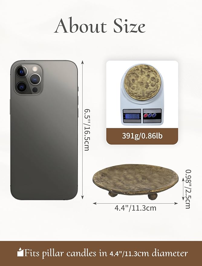 Cast Iron Candle Holder: 4.6 in Pillar Gold Candle Plate Brass Pedestal Stand Vintage Decorative Tray for 3 Wick Jar Candles Tealight Votive for Table Home Christmas Set of 2