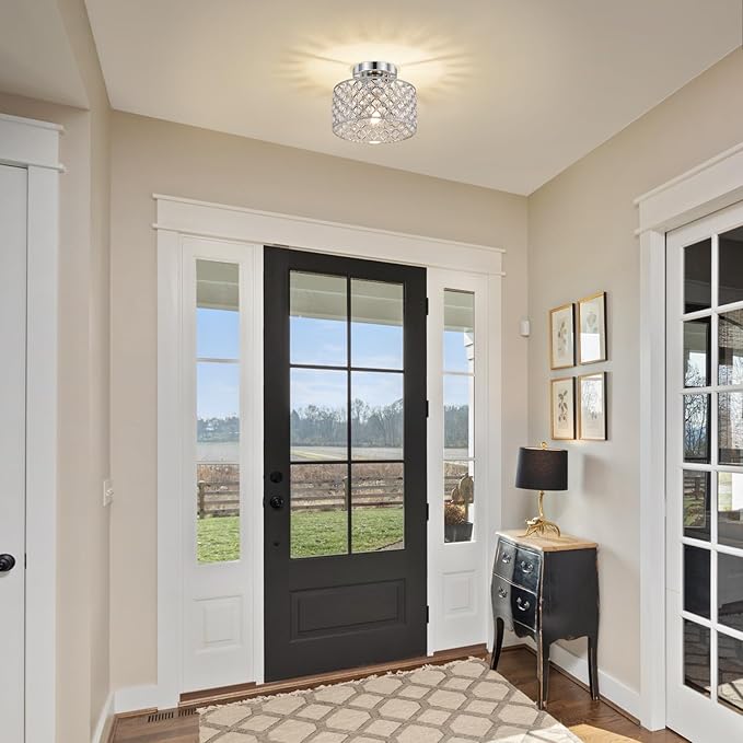 Chrome Crystal Ceiling Light Fixture,Modern Semi Flush Mount Ceiling Lighting Fixture,Round Small Chandelier for Hallway, Entryway, Laundry Room, Kitchen, Bedroom, Foyer, Bathroom, 1 Light, 9 inch