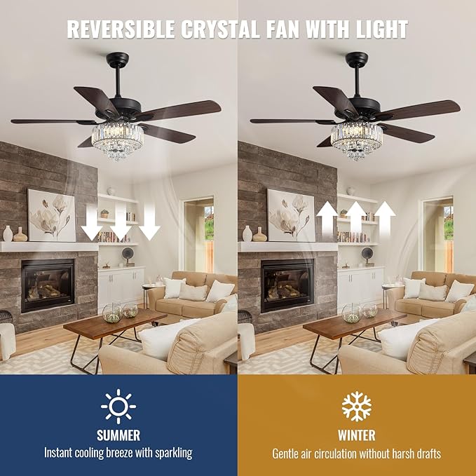 52-inch Crystal Ceiling Fan with Lights,Modern LED Fandelier with Remote Control,6-Speeds,Low Profile Flush Mount Chandelier for Living Room,Dining Room,Bedroom,Foyer