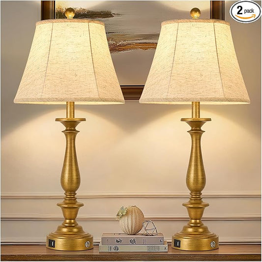 AIDENOEY 28.5" Traditional Table Lamp Set of 2, Rustic Farmhouse Table Lamps for Living Room Bedroom, Bedside Desk Lamps Vintage Nightstand Lamps with Silk Fabric Shades，Antique Gold Table Lamp