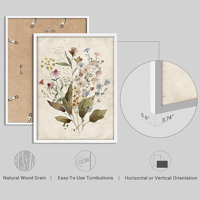 SIGNWIN Framed Set Vintage Wildflower Bouquet Antique Botanical Illustrations Modern Art Decorative Scenic Multicolor Nature Wilderness for Bedroom - 12"x16"x4 White