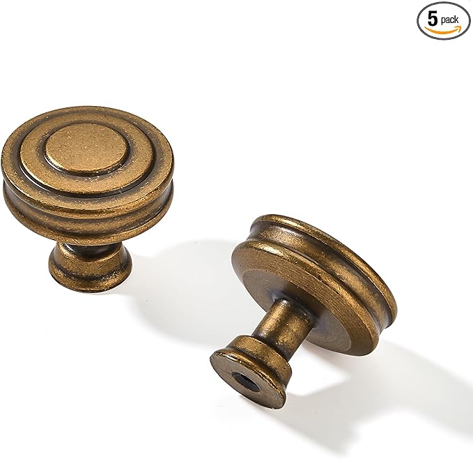 khtumeware 5 Pack 1-1/4 Inch(32mm) Antique Brass Round Cabinet Knobs Heavy Duty Soild Vintage Brass Cabinet Knobs Kitchen Antique Bronze Cabinet Hardware for Cupboard Drawer Handles