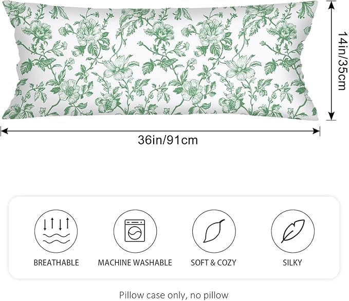 Green and White Porcelain Floral Throw Pillow Cover 14x36 Accent Lumbar Pillow Case for Bed,Chinoiserie Decorative Vintage Flowers Pillowcase with Zipper Couch Pillows Cover for Bedroom,Living Room