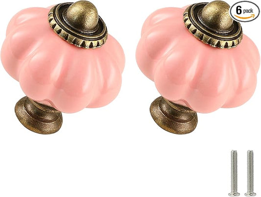 Pink Pumpkin Knobs 6 Pack Ceramic Cabinet Knobs Vintage Drawer Pulls - Antique Dresser Pulls with Screws for Closet Drawer Cupboard Cabinet and DIY Home Project