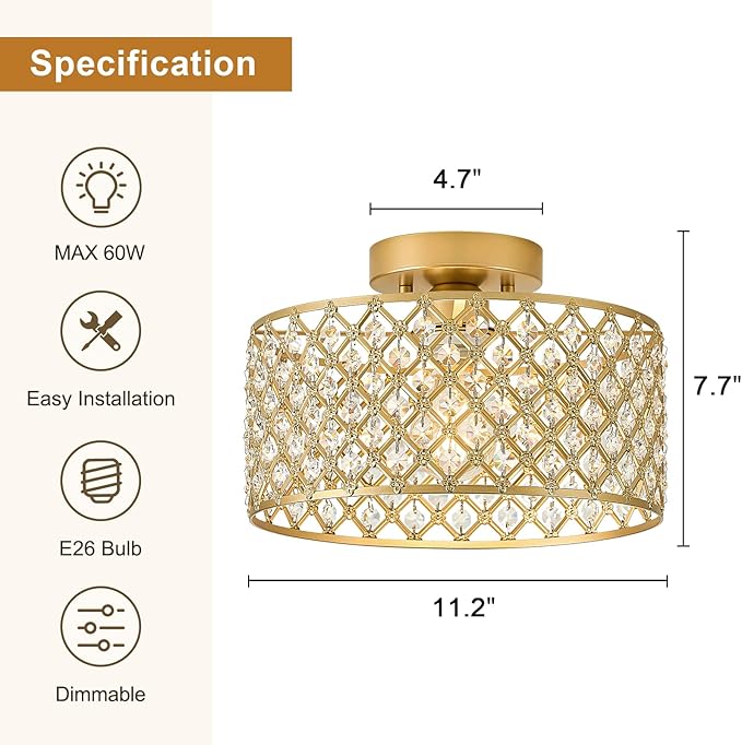 Gold Crystal Ceiling Light Fixture,Modern Semi Flush Mount Ceiling Lighting Fixture,Round Small Chandelier for Dining Room, Hallway, Entryway, Kitchen, Bedroom,Foyer,1 Light,11.2 inch