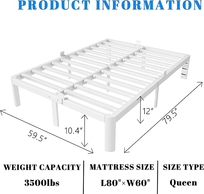 12 Inch Queen Bed Frame with Metal Gaskets, White Bed Frame Queen Size No Box Spring Need, Heavy Duty Steel Platform Support, Round Corner Design, Reserved Holes, Noiseless, Storgae Space