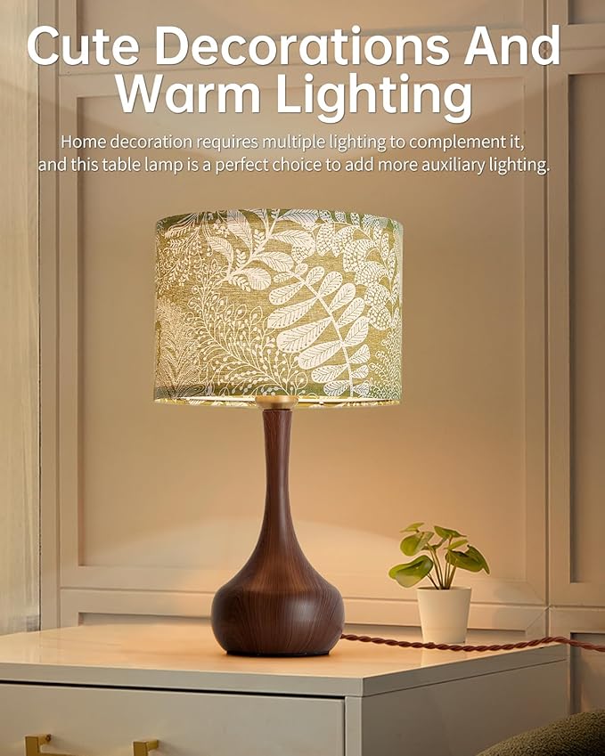 Bedside Nightstand Table Lamp for Bedroom, Vintage Boho Farmhouse Decorative Table Lamp for Living Room with Green Fabric Shade Red Wood Pattern, Desk Lamp for Home Office