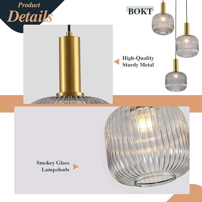 BOKT 3-Light Cluster Pendant Lights Modern Smokey Gray Glass Globe Pendant Light Adjustable Open Glass Kitchen Island Pendant Chandelier Vintage Multi Light Pendant Lighting Cluster