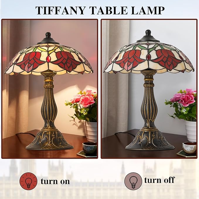 Tiffany Style Table Lamp, 12 inch Tiffany Style Stained Glass Table Lamp Bed Room Bedside Reading Desk Light for Living Retro Unique Cute Accent Decor Cottage Village Nightstand Lamps