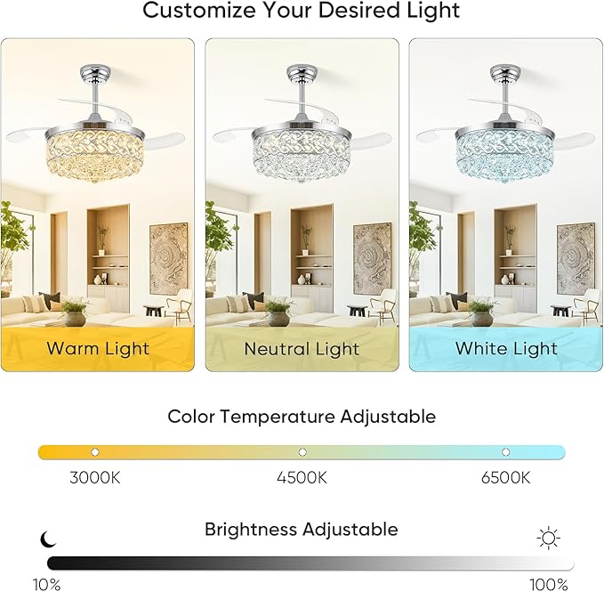42 inch Crystal Fandelier Ceiling Fan with Light, Retractable Chandelier Ceiling Fan with Lights and Remote for Bedroom Living Room, LED Dimmable, Quiet DC Motor