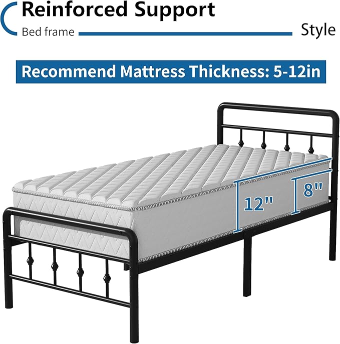 Classic Metal Platform Twin Bed Frames with Headboard and Footboard, 16 Inch No Box Spring Needed Heavy Duty Victorian Style Iron-Art Mattress Foundation/Under Bed Storage